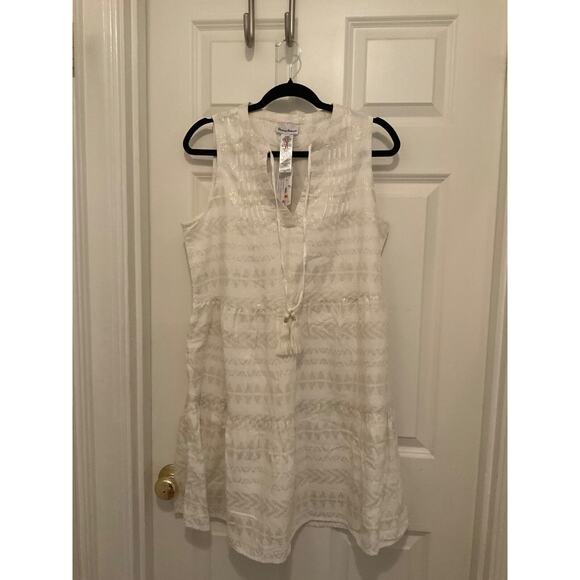 TOMMY BAHAMA WHITE W METALLIC THREADING SPLIT NECK DRESS WITH WHITE TASSLES SZ S - Picture 2 of 8